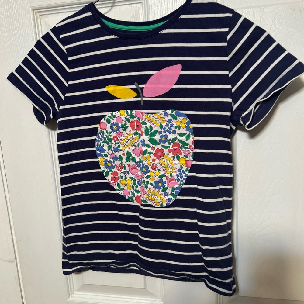 Mini Boden Navy & White Striped Tee with Floral Apple Applique